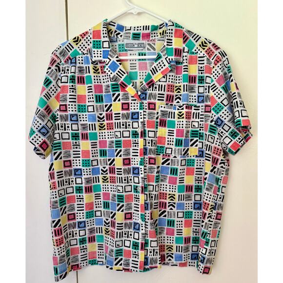 Season Ticket Tops - Vintage 70’s 80’s Season Ticket White Colorful Fun Short Sleeve Blouse Med Large